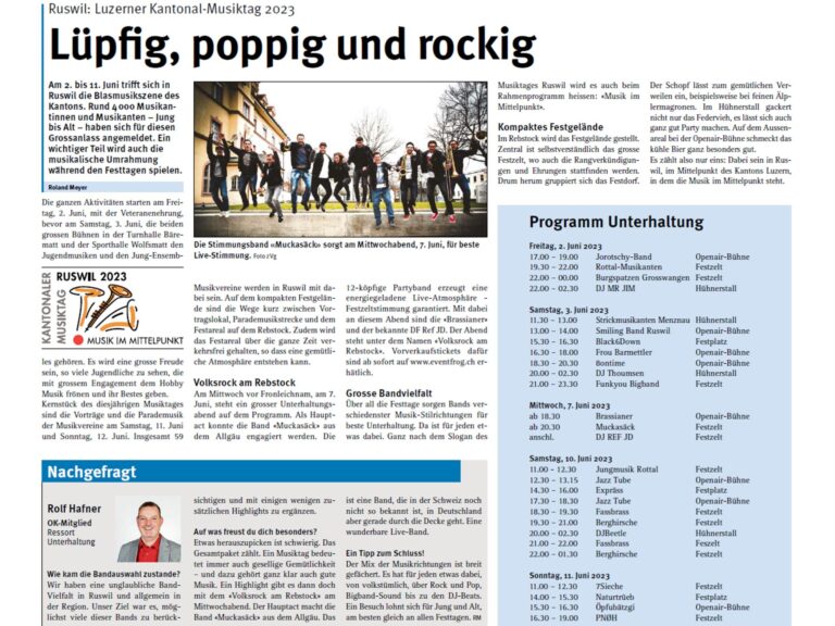 Unterhaltungsprogramm steht Unterhaltungsprogramm poppig und rockig: Am Musiktag Ruswil herrscht beste Stimmung